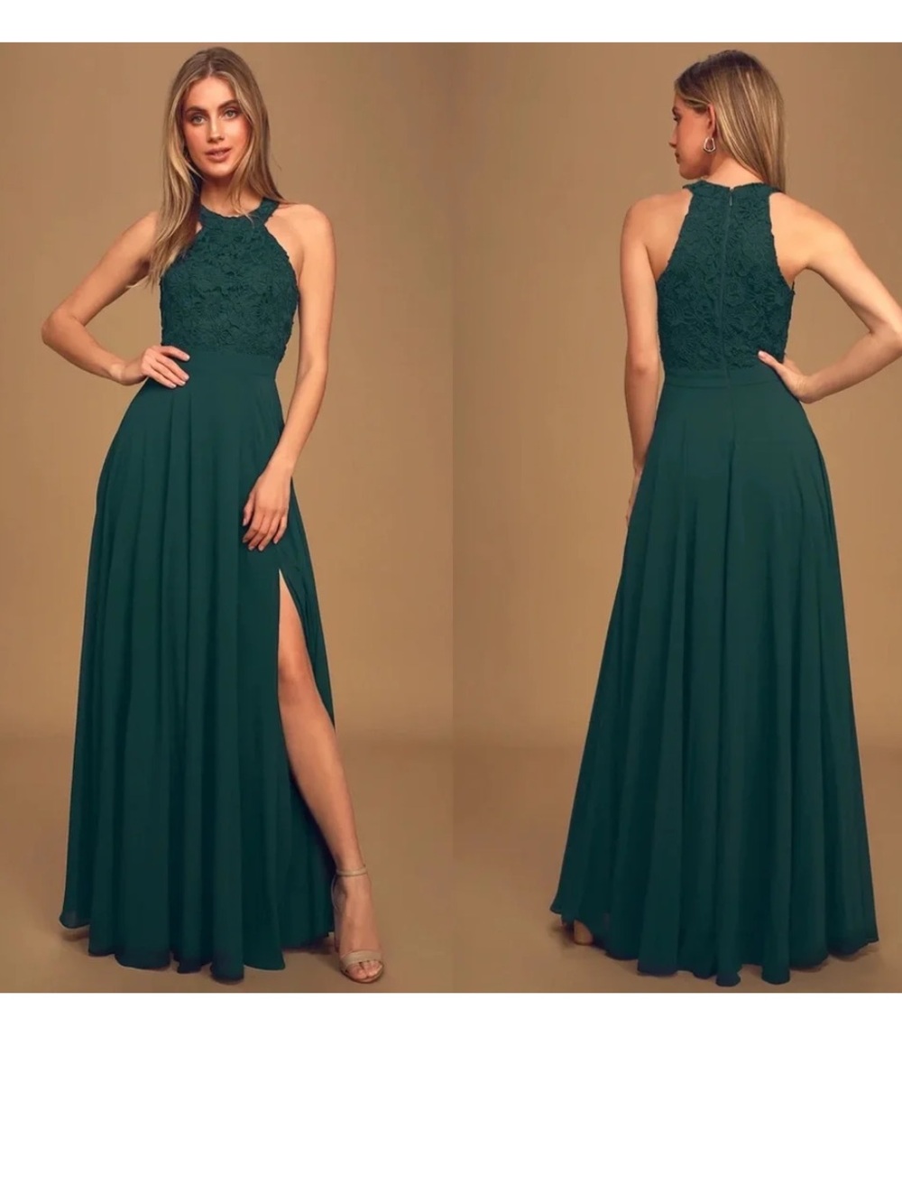 Lulus Emerald Green Sleeveless Lace Halter Maxi Dress